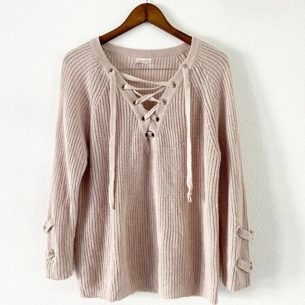 Lace Up Sweater Dusty Rose Pink Cozy Chunky Knit Medium Winter Fall Everyday